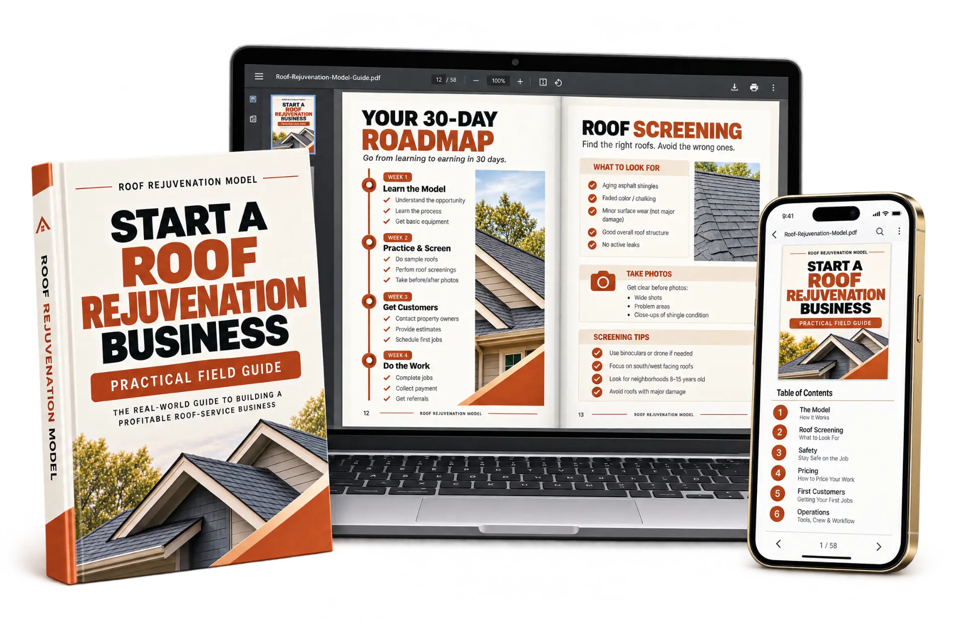 Roof Rejuvenation Model digital guide shown as a book, laptop reader, and phone